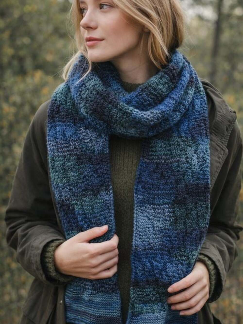 Hand Knit Blue Patchwork Scarf Wool Blend Long‎ Cozy Winter Scarf